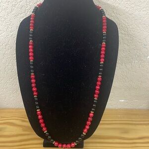 Vintage 36 inch Red Agate, Black Onyx Beaded Necklace